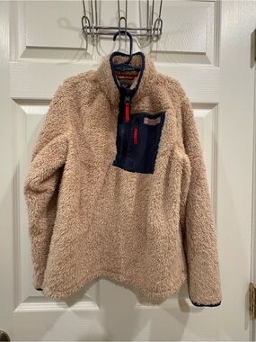 Vineyard Vines Tan Sherpa Jacket with Navy Label and Red Trim